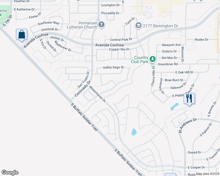 map of restaurants, bars, coffee shops, grocery stores, and more near 2137 Prairie Grass Drive in Sierra Vista