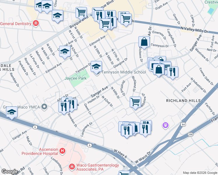 map of restaurants, bars, coffee shops, grocery stores, and more near 6001 Haden Drive in Waco
