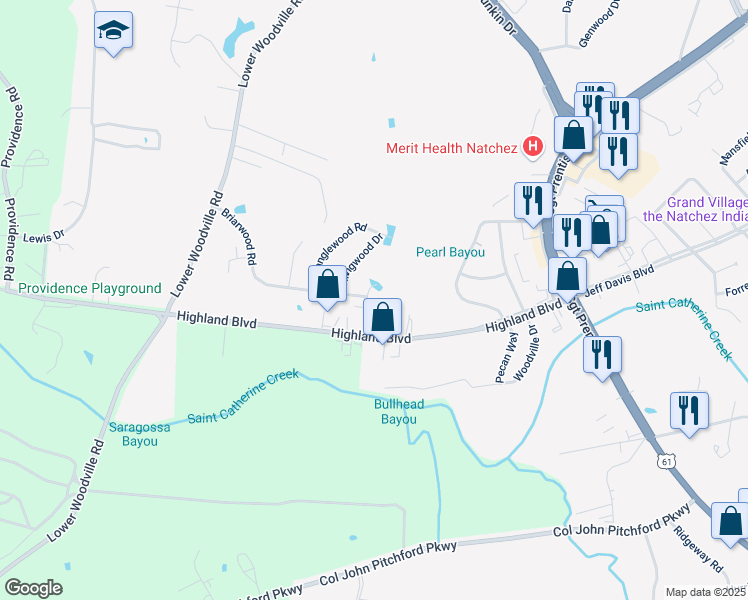 map of restaurants, bars, coffee shops, grocery stores, and more near 310 Briarwood Road in Natchez