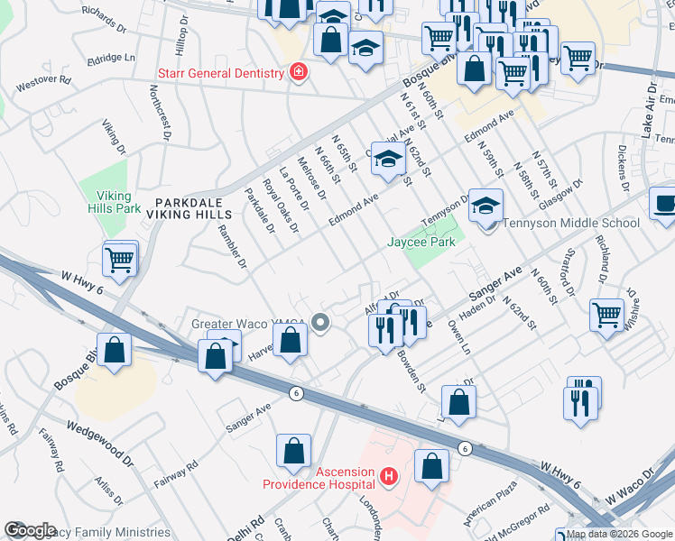 map of restaurants, bars, coffee shops, grocery stores, and more near 900 La Porte Drive in Waco