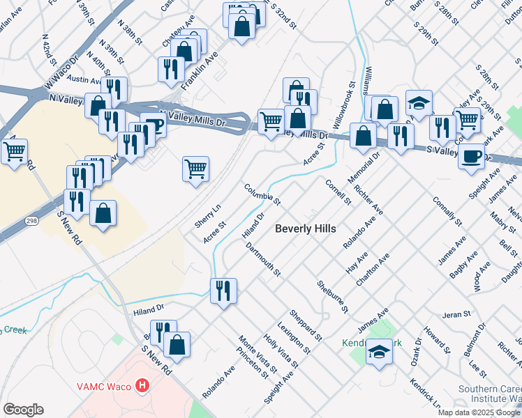 map of restaurants, bars, coffee shops, grocery stores, and more near 3917 Hiland Drive in Waco