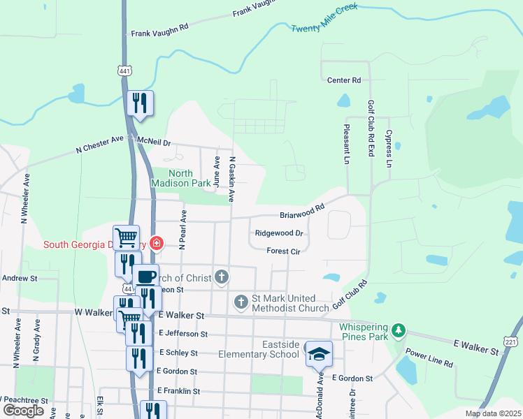 map of restaurants, bars, coffee shops, grocery stores, and more near 607 Briarwood Road in Douglas