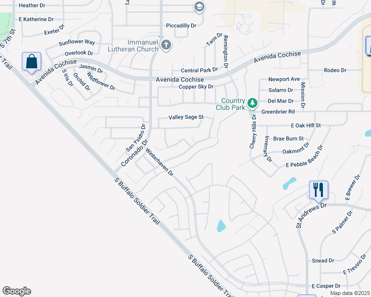 map of restaurants, bars, coffee shops, grocery stores, and more near 2171 Prairie Grass Drive in Sierra Vista