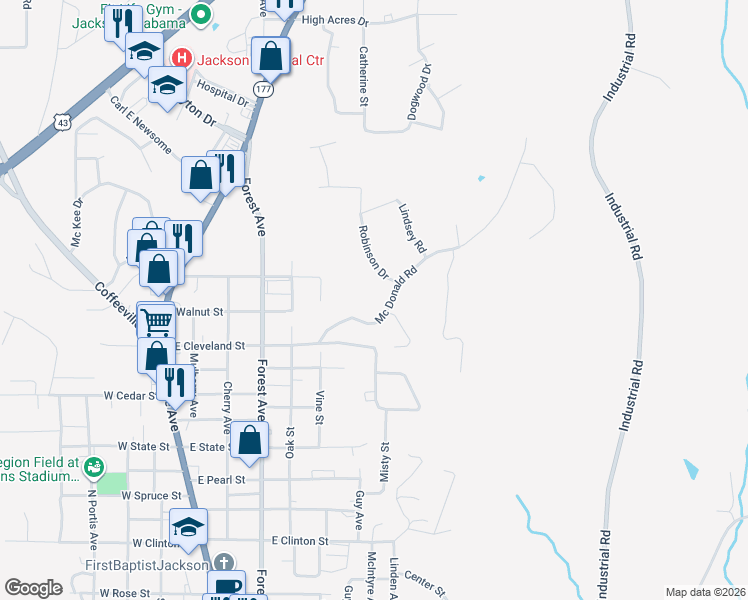 map of restaurants, bars, coffee shops, grocery stores, and more near 205 Mc Donald Road in Jackson