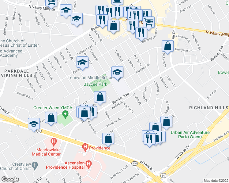 map of restaurants, bars, coffee shops, grocery stores, and more near 806 North 62nd Street in Waco