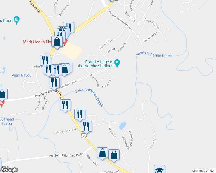 map of restaurants, bars, coffee shops, grocery stores, and more near 208 Forrest Drive in Natchez