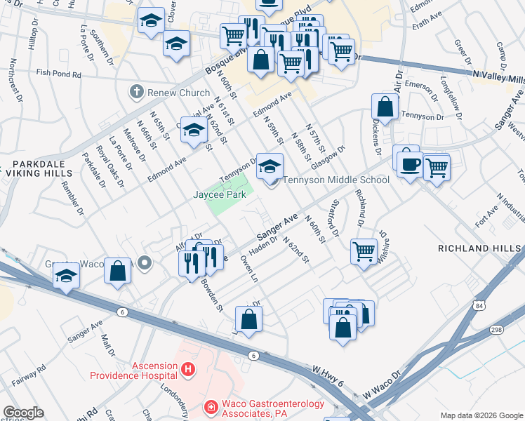 map of restaurants, bars, coffee shops, grocery stores, and more near 715 North 64th Street in Waco