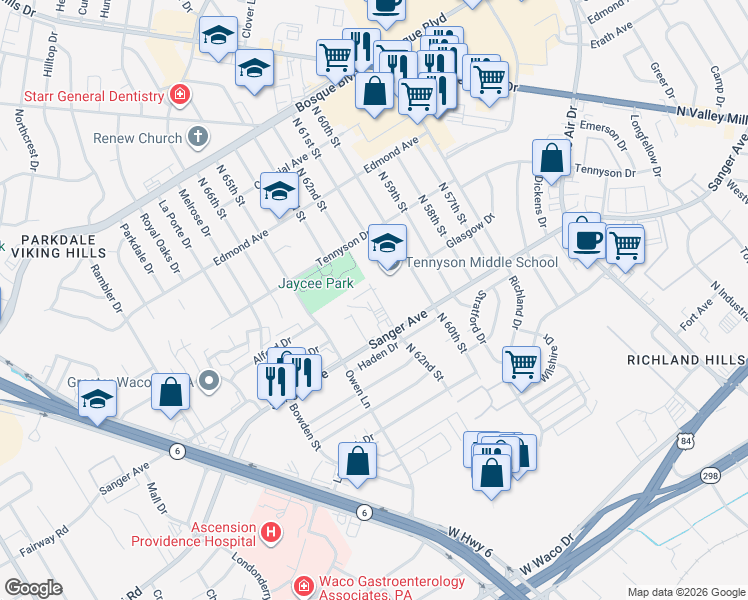 map of restaurants, bars, coffee shops, grocery stores, and more near 715 North 64th Street in Waco