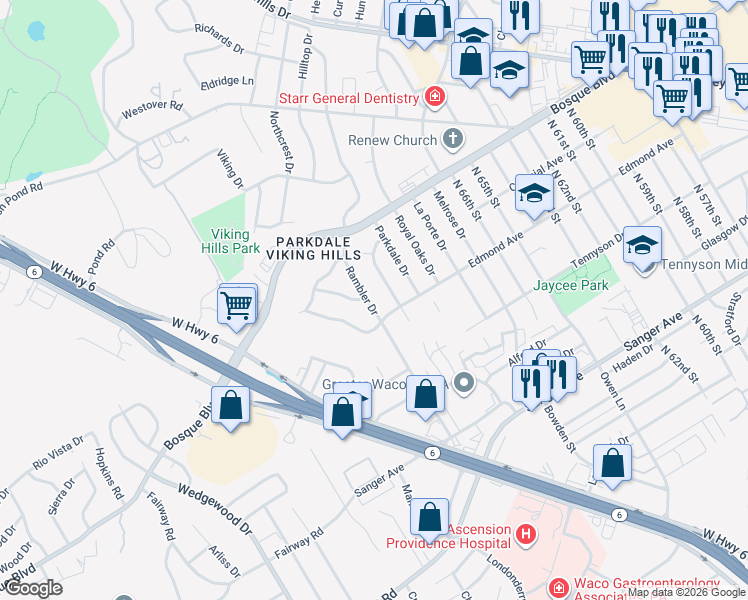 map of restaurants, bars, coffee shops, grocery stores, and more near 1100 Rambler Drive in Waco