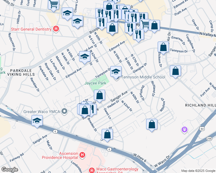 map of restaurants, bars, coffee shops, grocery stores, and more near 824 North 62nd Street in Waco