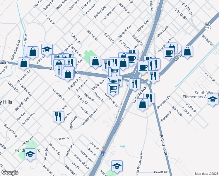 map of restaurants, bars, coffee shops, grocery stores, and more near 1820 Irving Lee Street in Waco