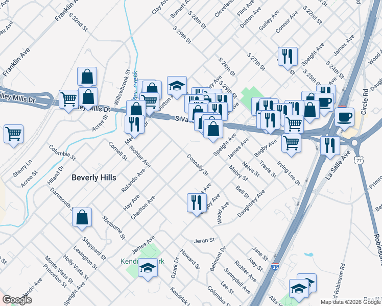 map of restaurants, bars, coffee shops, grocery stores, and more near 3401 Hay Avenue in Waco
