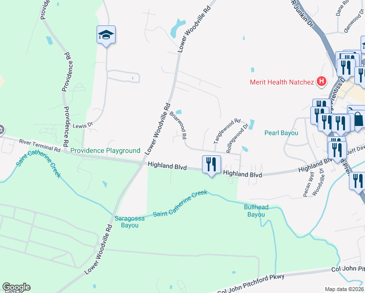 map of restaurants, bars, coffee shops, grocery stores, and more near 101-105 Linwood Court in Natchez