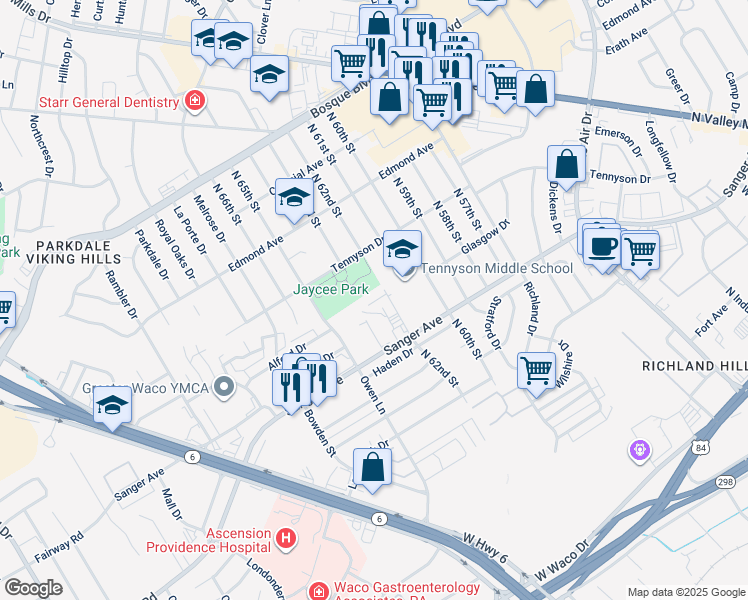 map of restaurants, bars, coffee shops, grocery stores, and more near 824 North 62nd Street in Waco