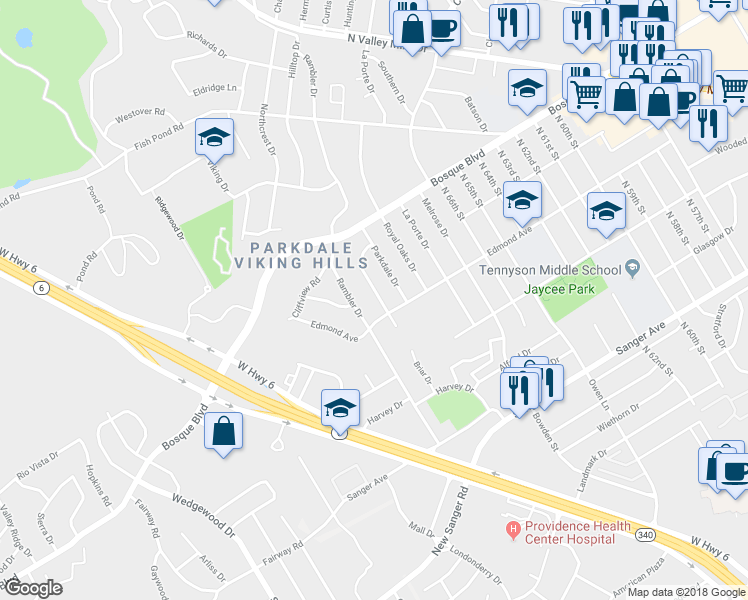 map of restaurants, bars, coffee shops, grocery stores, and more near 1118 Pembrook Drive in Waco