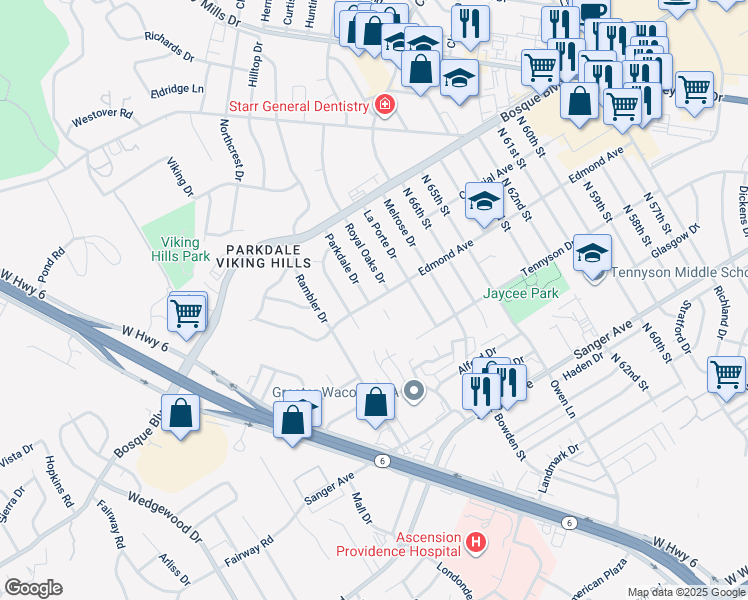 map of restaurants, bars, coffee shops, grocery stores, and more near 1119 Parkdale Drive in Waco