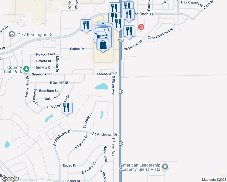 map of restaurants, bars, coffee shops, grocery stores, and more near 2456 South Player Avenue in Sierra Vista