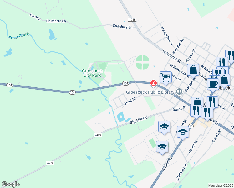map of restaurants, bars, coffee shops, grocery stores, and more near 1001-1015 Rebekah Street in Groesbeck