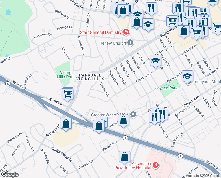 map of restaurants, bars, coffee shops, grocery stores, and more near 1212 Pembrook Drive in Waco