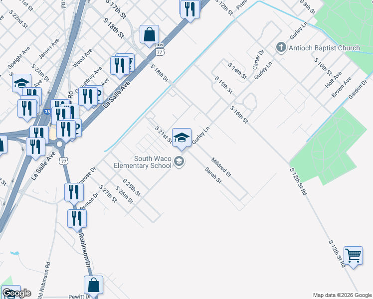 map of restaurants, bars, coffee shops, grocery stores, and more near 2006 Gurley Lane in Waco