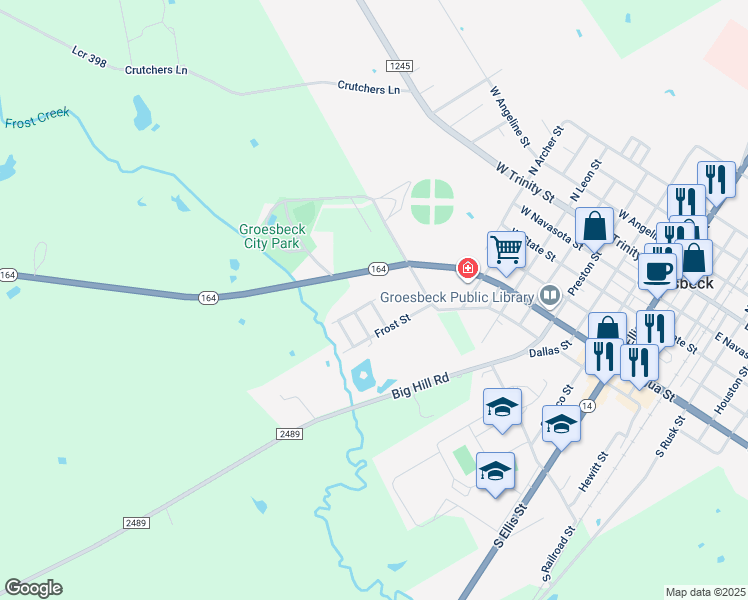 map of restaurants, bars, coffee shops, grocery stores, and more near 1001 Rebekah Street in Groesbeck