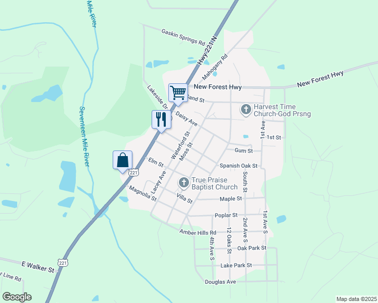 map of restaurants, bars, coffee shops, grocery stores, and more near 304 Moss Street in Douglas