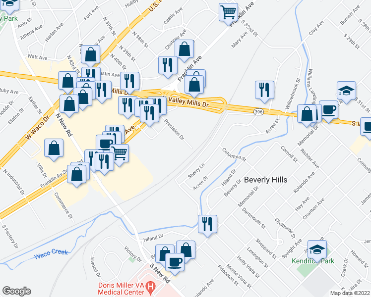 map of restaurants, bars, coffee shops, grocery stores, and more near 521 Precision Drive in Waco
