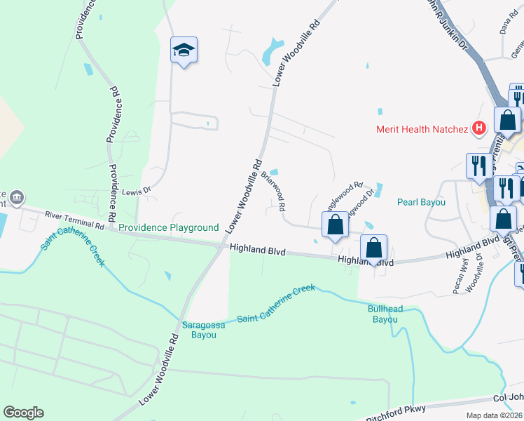 map of restaurants, bars, coffee shops, grocery stores, and more near 105 Linwood Court in Natchez
