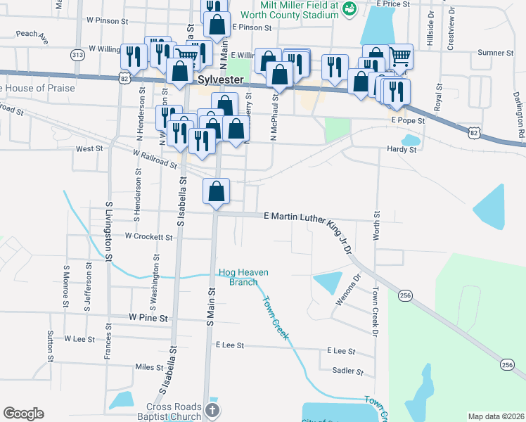 map of restaurants, bars, coffee shops, grocery stores, and more near 301 East Martin Luther King Junior Drive in Sylvester