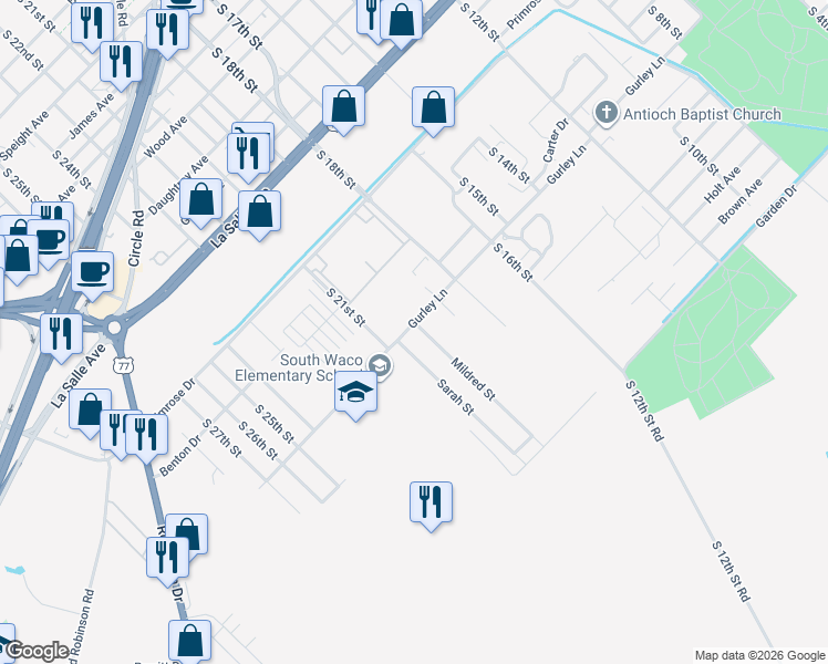 map of restaurants, bars, coffee shops, grocery stores, and more near 2006 Gurley Lane in Waco