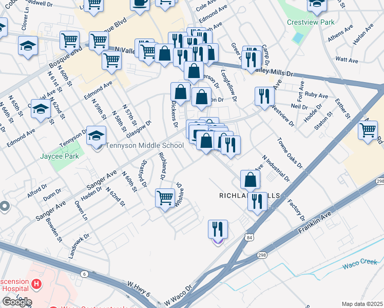 map of restaurants, bars, coffee shops, grocery stores, and more near 509 Carlyle Dr in Waco