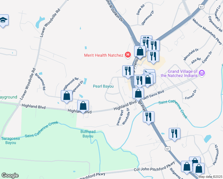 map of restaurants, bars, coffee shops, grocery stores, and more near 13 Pecan Way in Natchez