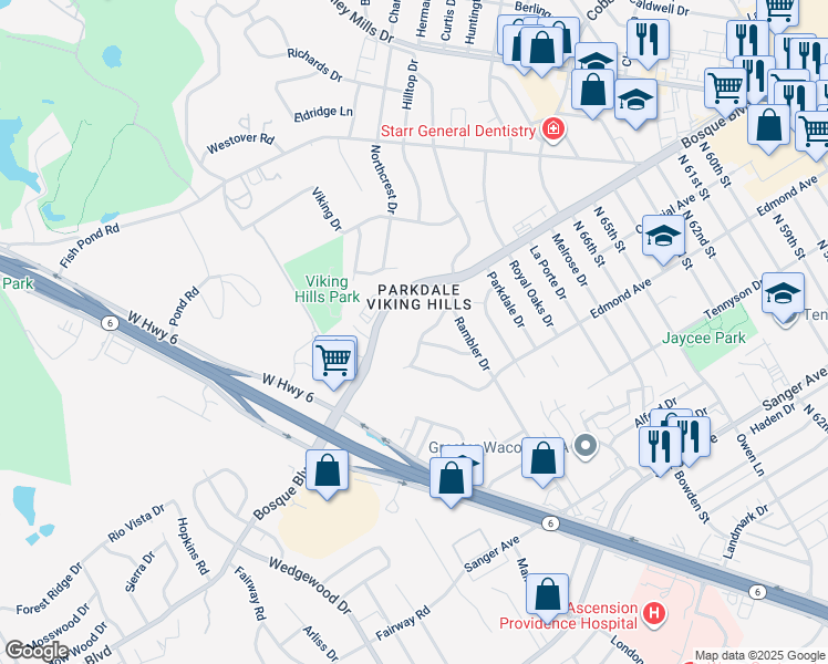 map of restaurants, bars, coffee shops, grocery stores, and more near 1200 Cliffview Road in Waco