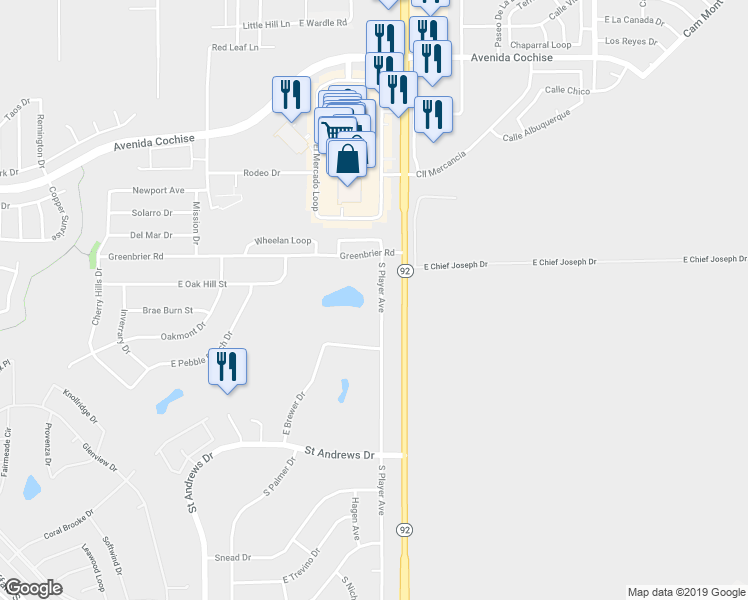 map of restaurants, bars, coffee shops, grocery stores, and more near 2456 South Player Avenue in Sierra Vista