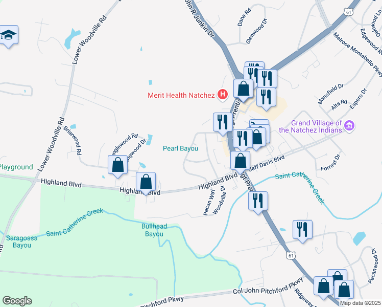 map of restaurants, bars, coffee shops, grocery stores, and more near 13 Pecanway Drive in Natchez