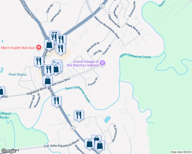 map of restaurants, bars, coffee shops, grocery stores, and more near 213 Forrest Drive in Natchez