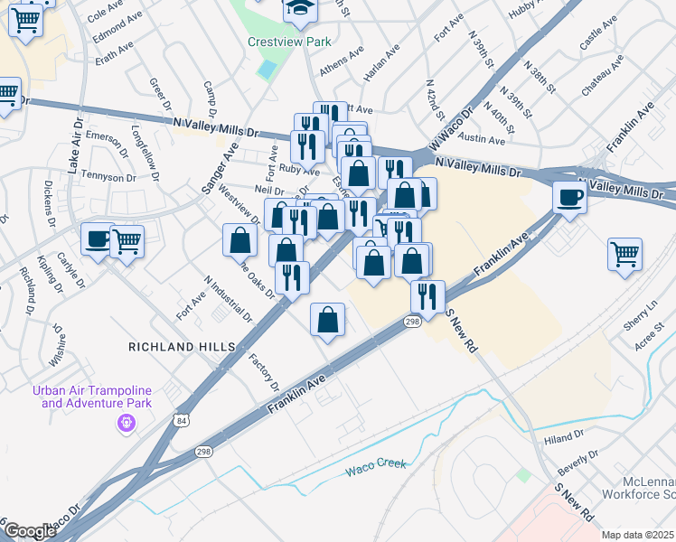 map of restaurants, bars, coffee shops, grocery stores, and more near 421 Villa Dr in Waco