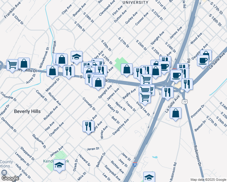 map of restaurants, bars, coffee shops, grocery stores, and more near 3101 James Avenue in Waco