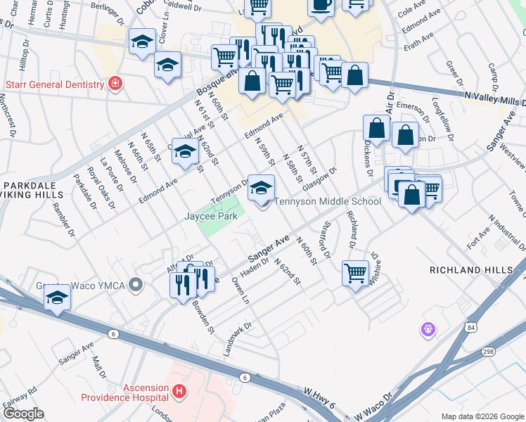 map of restaurants, bars, coffee shops, grocery stores, and more near 6100 Tennyson Drive in Waco