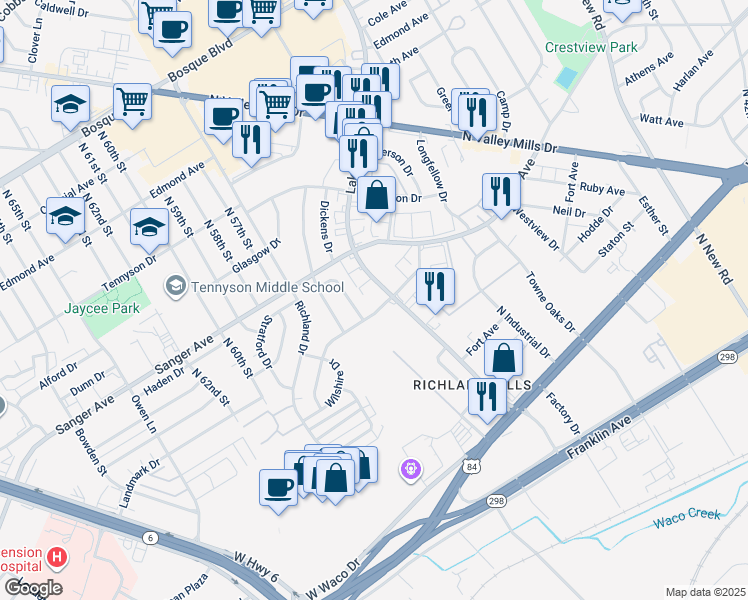 map of restaurants, bars, coffee shops, grocery stores, and more near 509 Carlyle Drive in Waco