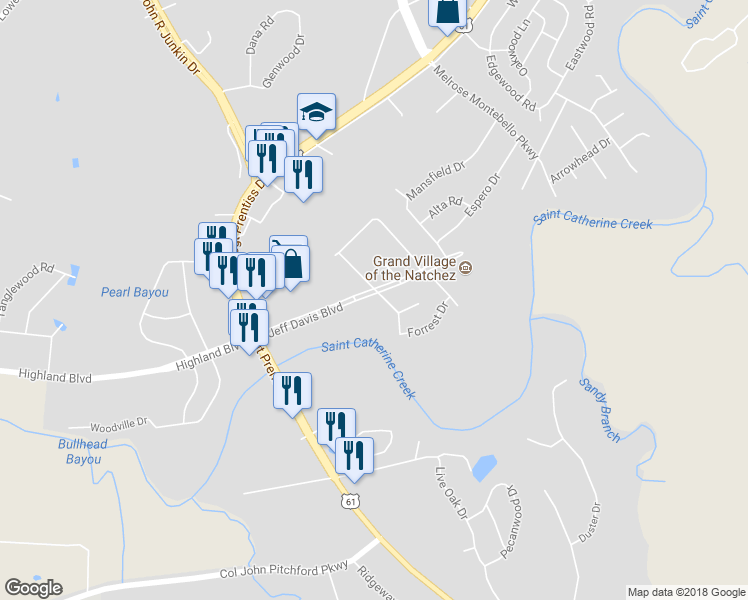 map of restaurants, bars, coffee shops, grocery stores, and more near 100 South Meadow Road in Natchez