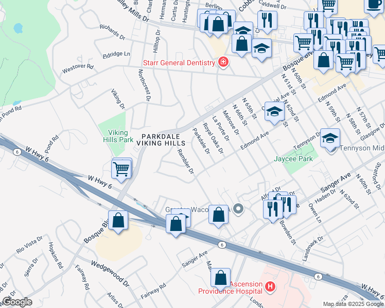 map of restaurants, bars, coffee shops, grocery stores, and more near 1212 Pembrook Drive in Waco