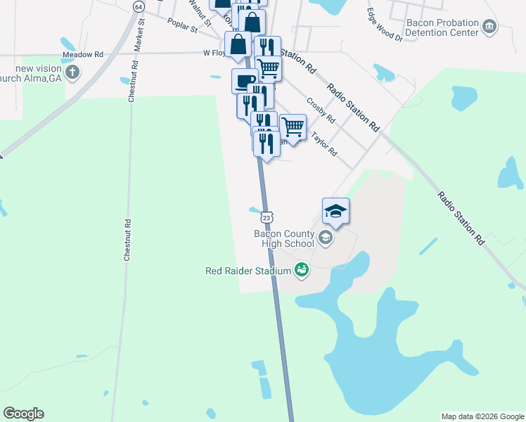 map of restaurants, bars, coffee shops, grocery stores, and more near 1131 South Pierce Street in Alma