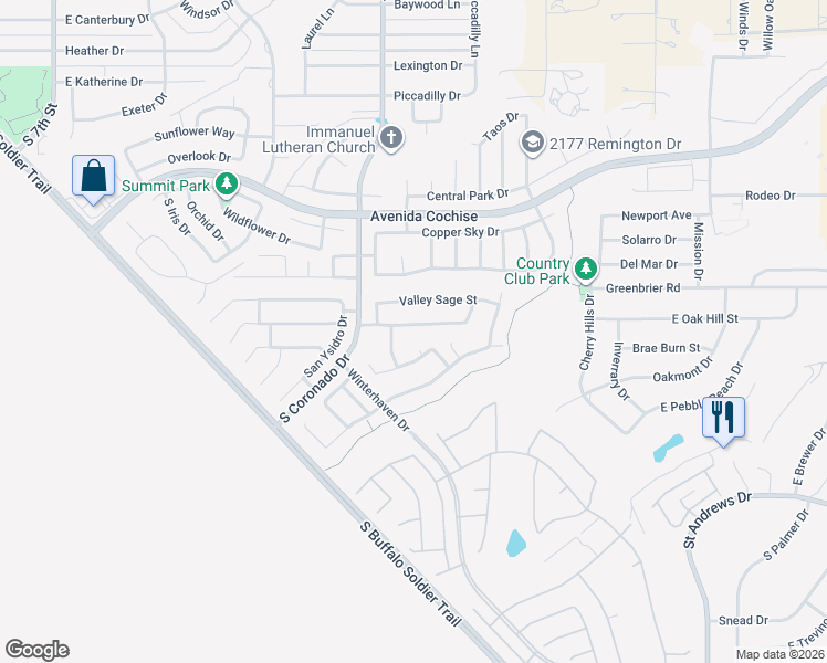 map of restaurants, bars, coffee shops, grocery stores, and more near 2090 Thunder Meadows Drive in Sierra Vista