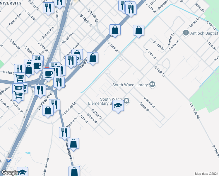 map of restaurants, bars, coffee shops, grocery stores, and more near 2425 South 21st Street in Waco