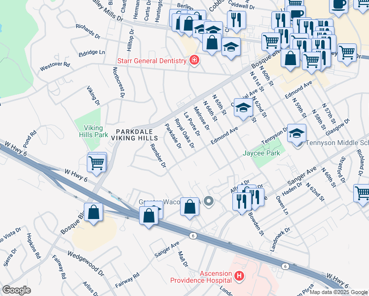 map of restaurants, bars, coffee shops, grocery stores, and more near 1119 Parkdale Drive in Waco