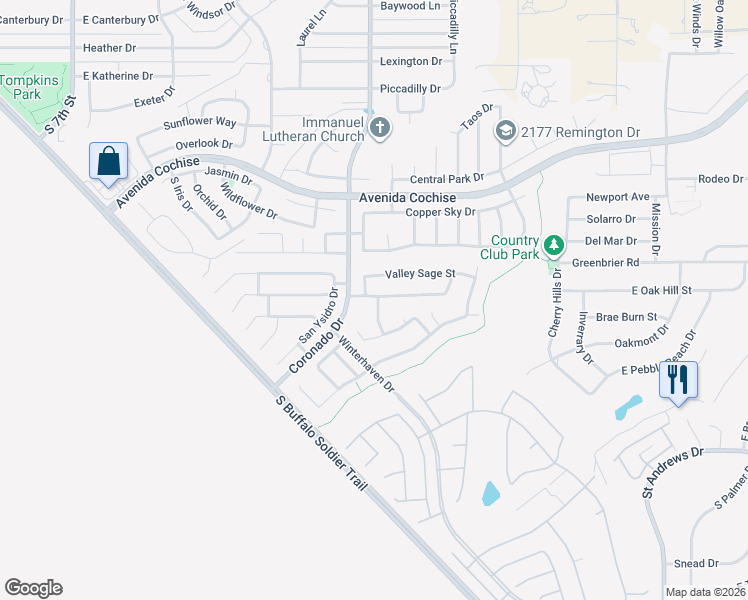 map of restaurants, bars, coffee shops, grocery stores, and more near 1980 Thunder Meadows Drive in Sierra Vista