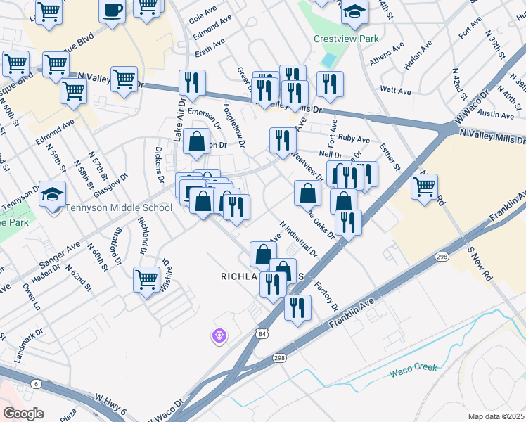 map of restaurants, bars, coffee shops, grocery stores, and more near 5000 Sanger Avenue in Waco