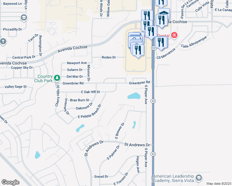 map of restaurants, bars, coffee shops, grocery stores, and more near 3432 Oak Hill Street in Sierra Vista