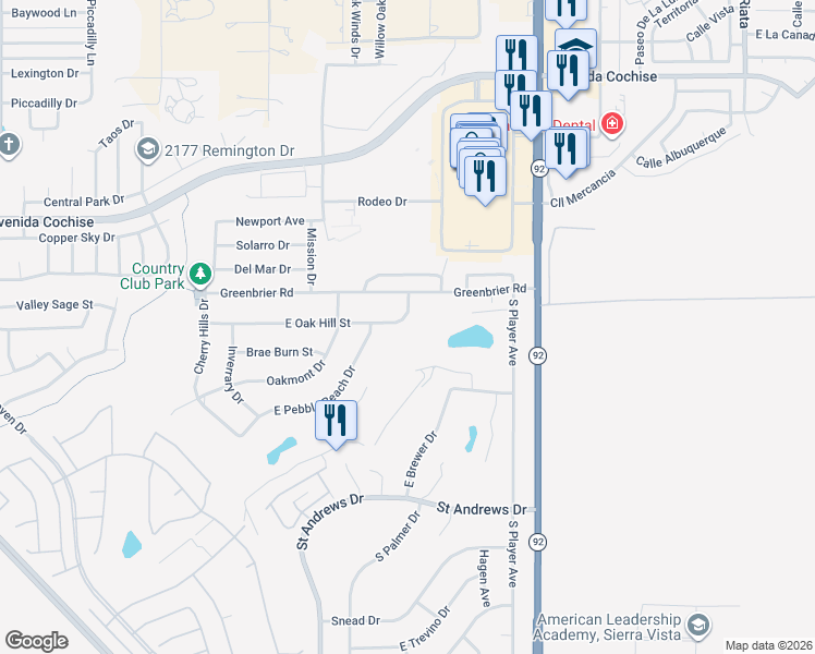 map of restaurants, bars, coffee shops, grocery stores, and more near 3432 Oak Hill Street in Sierra Vista